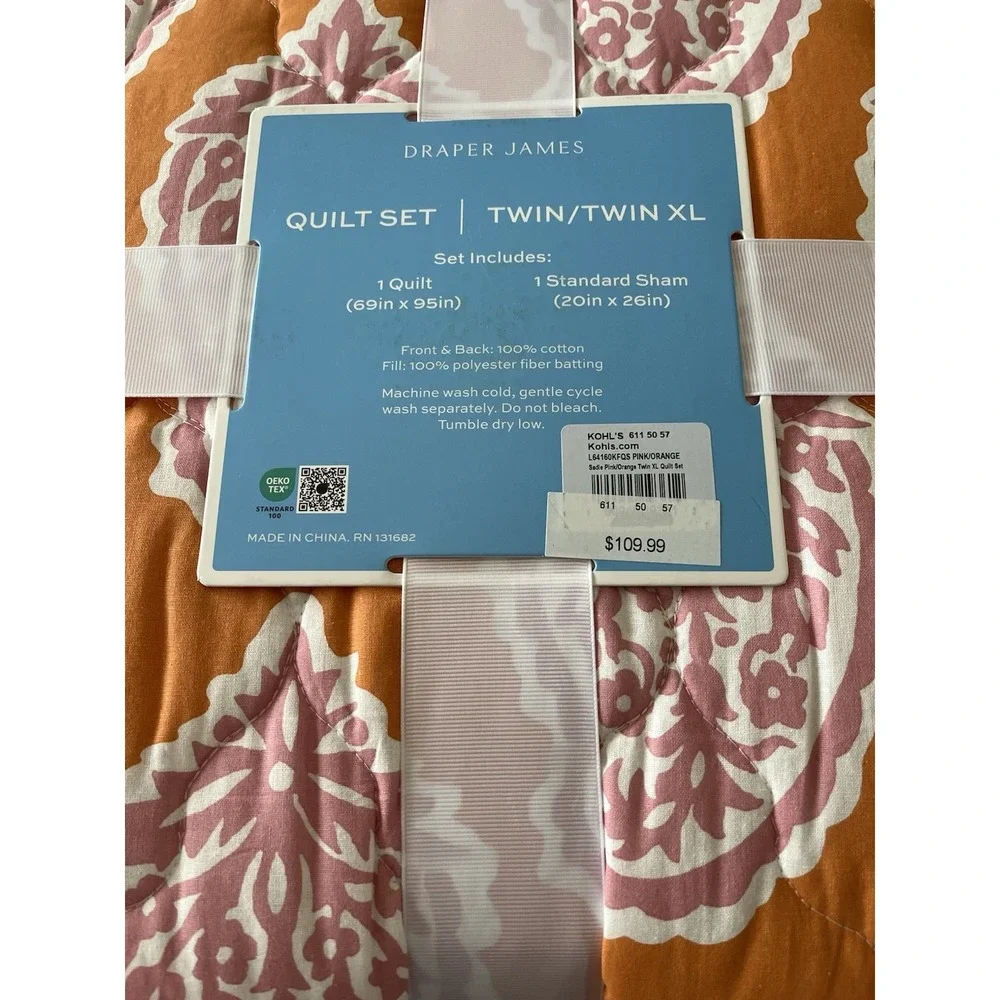 Draper James Twin Quilt Sham Set Orange Pink Paisley Floral Cottagecore Dorm NEW